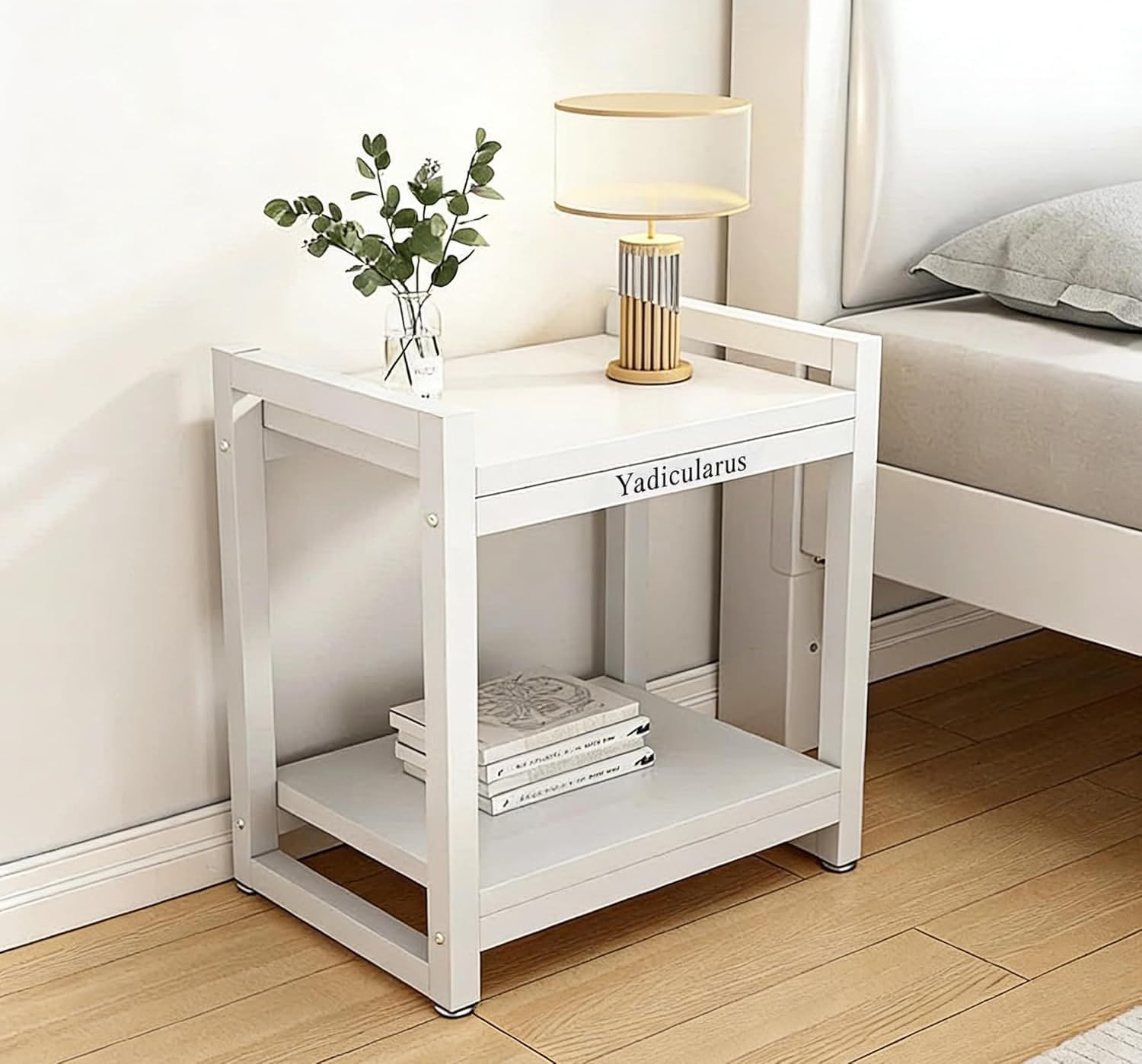 Modern Wooden Nightstand with Drawer and Adjustable Foot Pads, Minimalist White Bedside Table for Bedroom, Space-Saving Storage Furniture