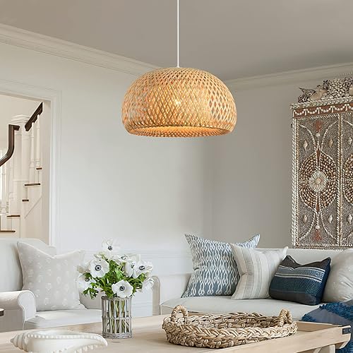 Miniatura 2 de Lámpara colgante tejida de bambú, 14.82 pulgadas, estilo costero de ratán tejido a mano, lámparas colgantes de mimbre bohemio para granja, cocina,
