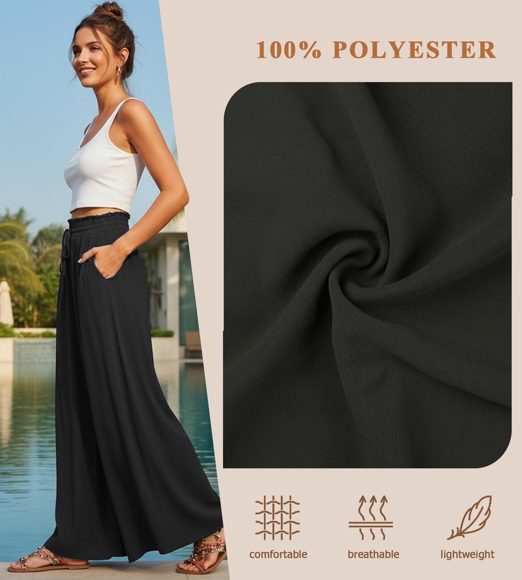 Pantalones Mujer Verano Cintura Alta Pantalones Ancho Casuales Cómodos Pantalón Fluido Ligero Playa Pantalones Palazzo Elegante con Bolsillos