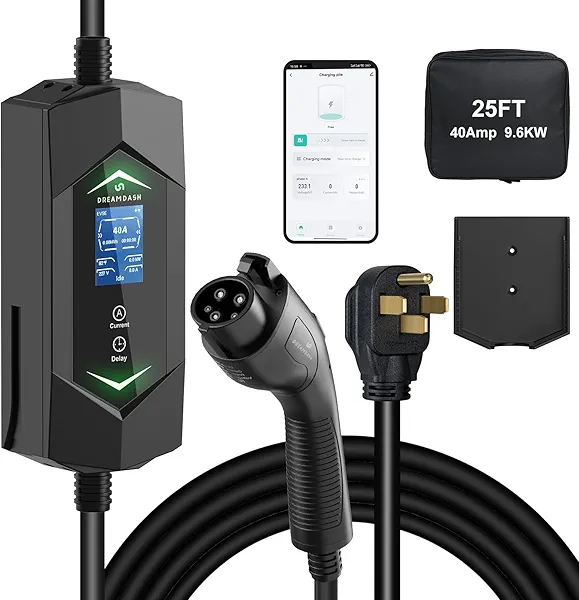 Level 2 EV Charger for SAE J1772,40A Ev Charger Level 2,Up to 9.6KW Fast Charging(240V NEMA 14-50 Plug),Adjustable Current 6A-40A,25ft ETL Listed Cable,APP WiFi Control,Delay Timer LCD Display