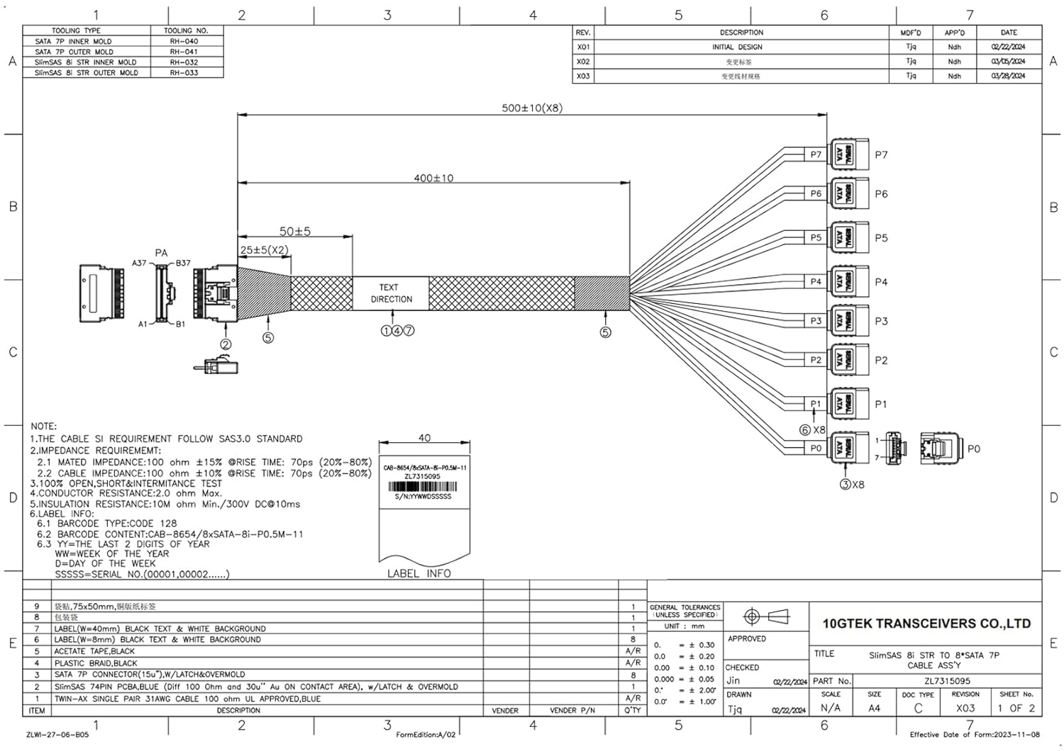 10Gtek SlimSAS 8i to 8xSATA Cable, SFF-8654 Host/RAID to SATA Target, Suitable for Servers, Hard Drives, Computers, and Hosts, 1m(3.3ft), 2-Pack