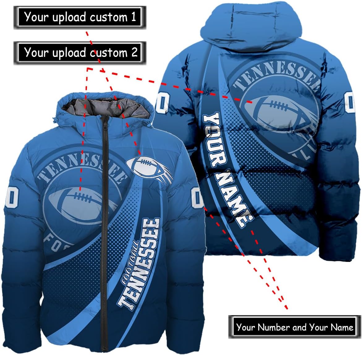 Discover Personalized Tennessee Football Team Titans Men's Hooded Puffer Jacket