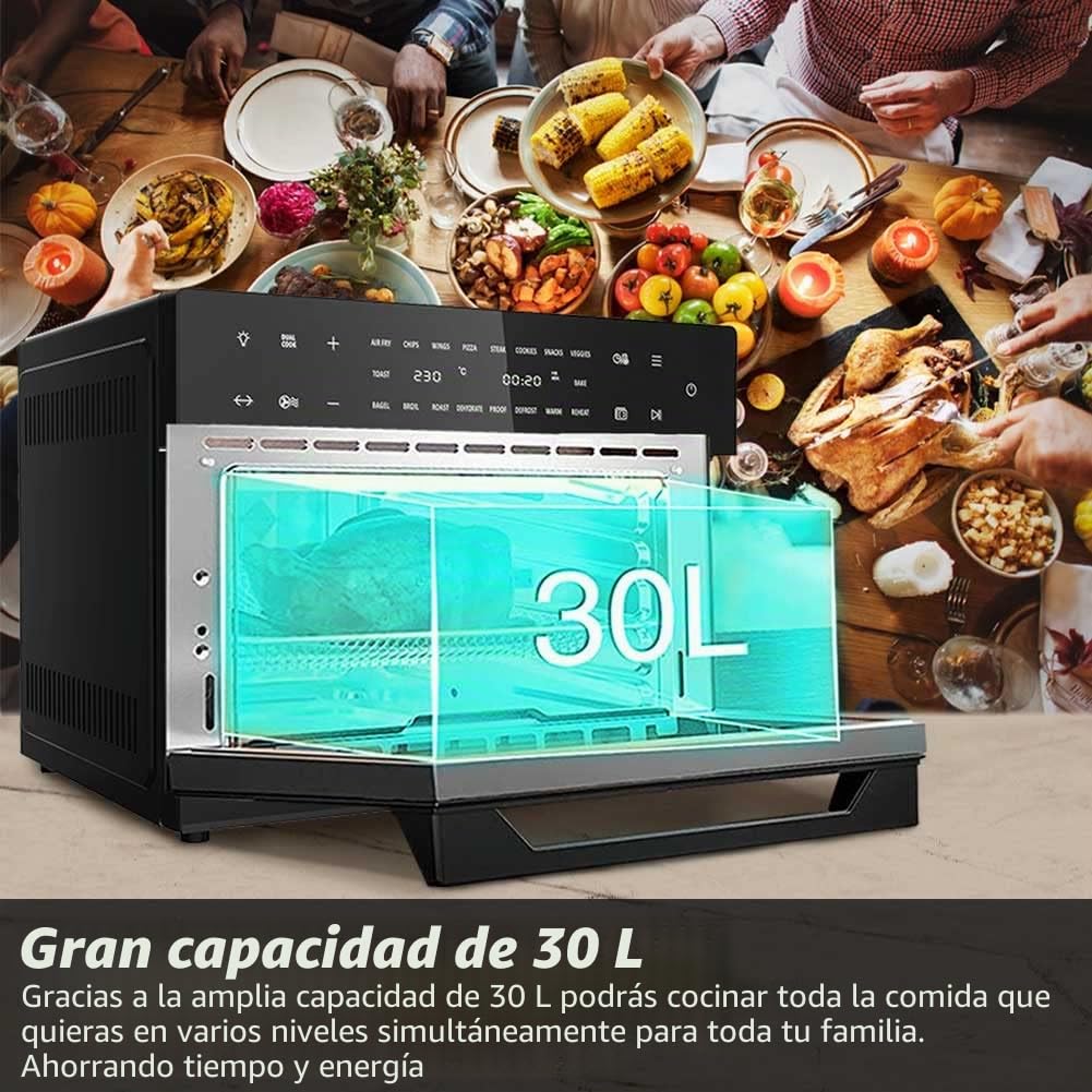 Bakaji Horno freidora de aire caliente, capacidad de 30 litros, 1800 W, freidora seca sin aceite, con pantalla táctil, 18 programas, función de doble cocción, temporizador, regulación de temperatura,