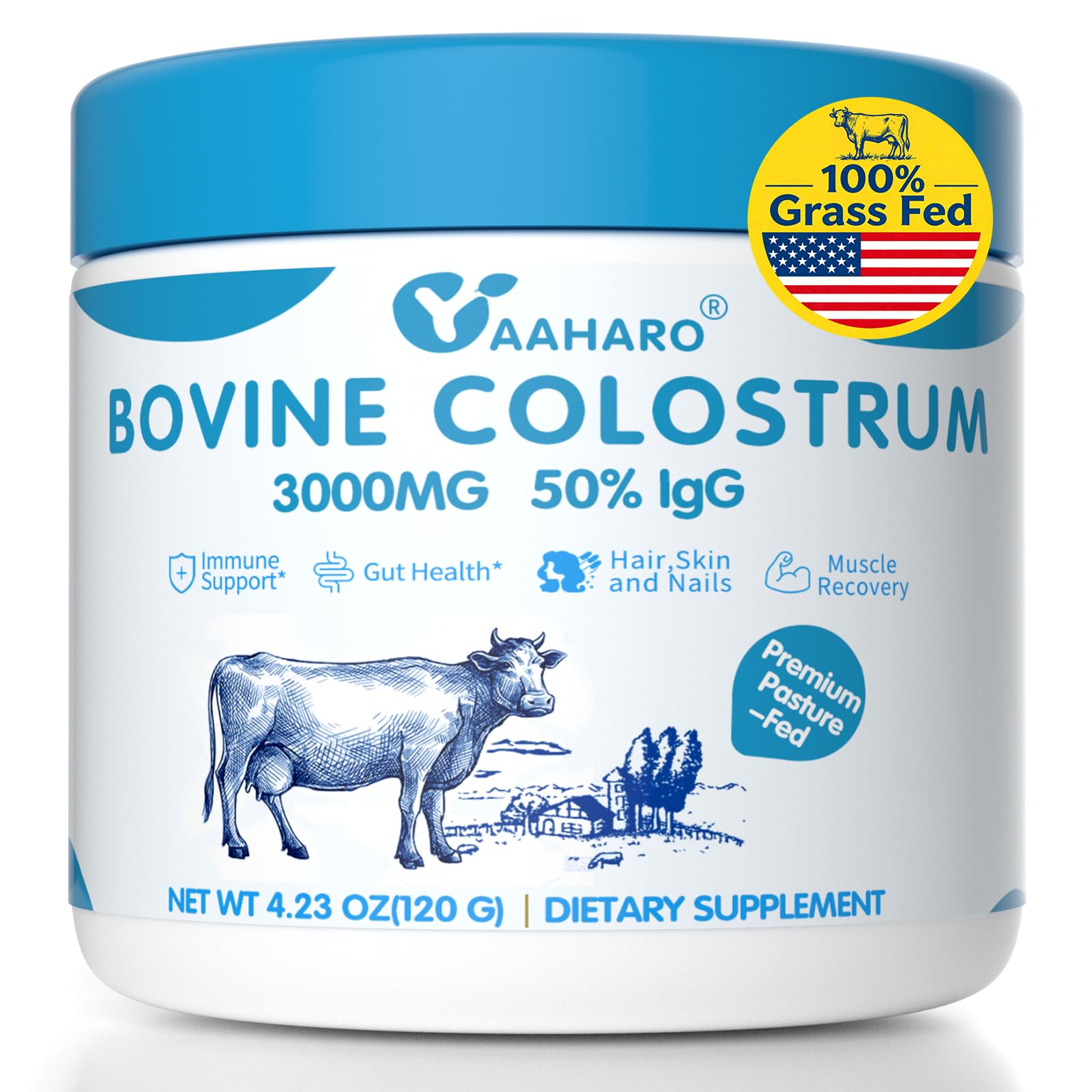 Colostrum Powder with Collagen Peptides for Gut Health, Grass Fed High IgG Unflavored 4.23 Ounce (Pack of 1)