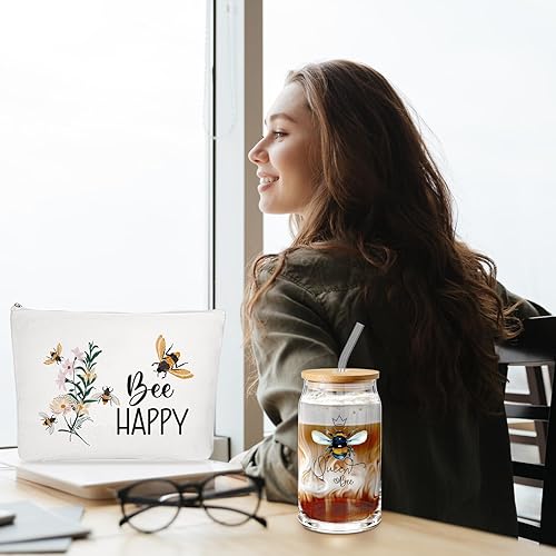 Miniatura 7 de Hushee Juego de 3 regalos de abejas para mujer, regalos temáticos de abejas que incluyen vasos de vidrio de abeja con tapa, popote y bolsa de