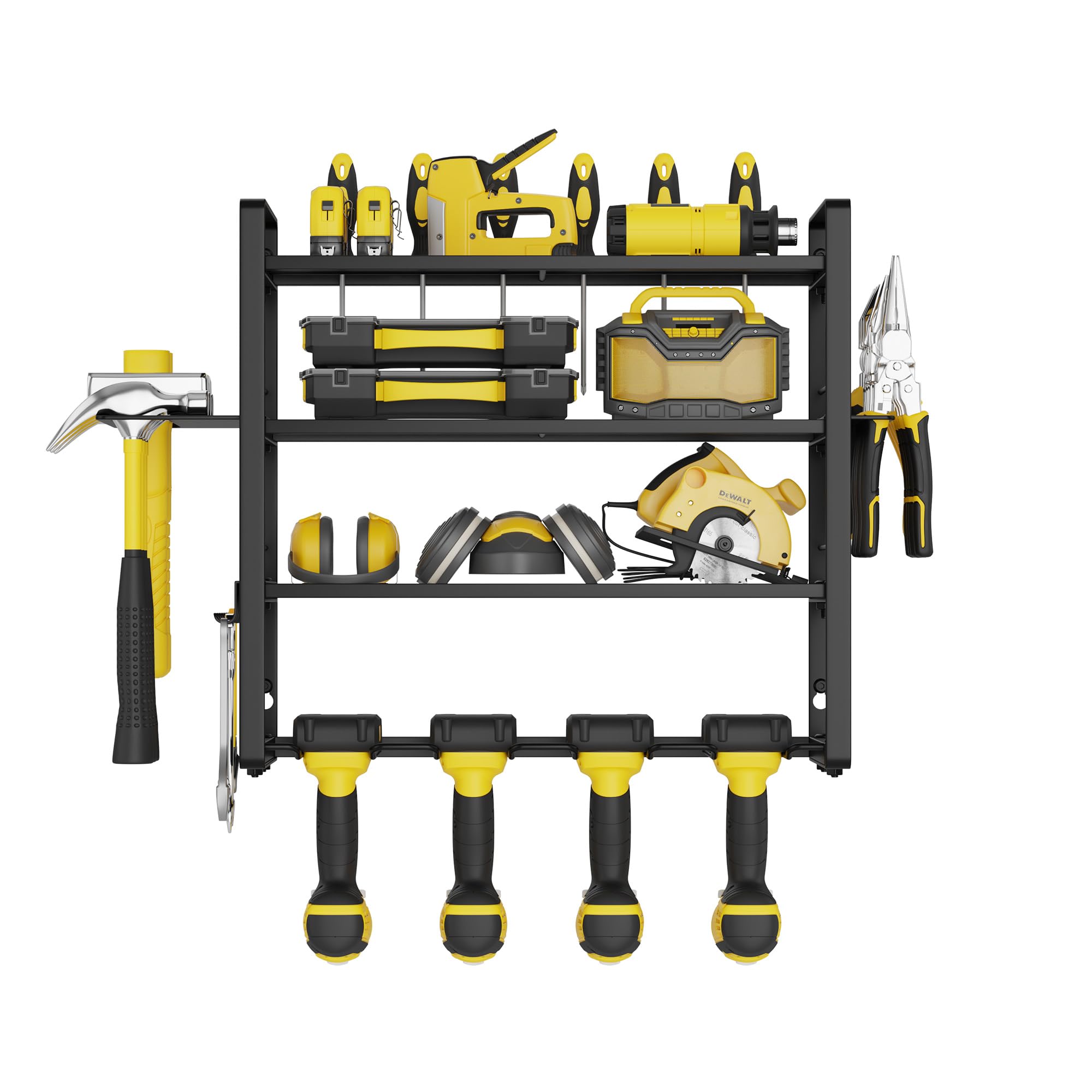 W-1701 - Estantería de pared de 4 pisos de 40 cm de tamaño mediano de metal pesado para garaje, taller, 4 ranuras para atornilladores inalámbricos, almacenamiento de pared con 4 soportes de