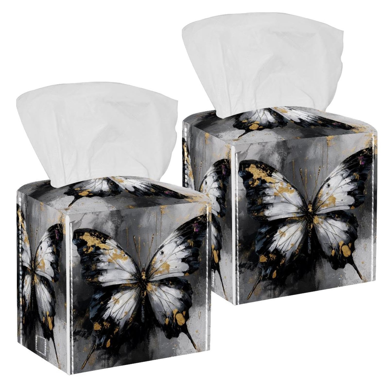 Watercolor Butterfly Tissue Box Cover, 2 Pack PU Leather Square Facial Tissue Dispenser Box holder for Home Office Car