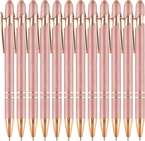 Bolígrafos con punta de lápiz capacitivo, 12 lápices capacitivos de metal rosa dorado para pantallas táctiles, tinta negra de 0.039 pulgadas