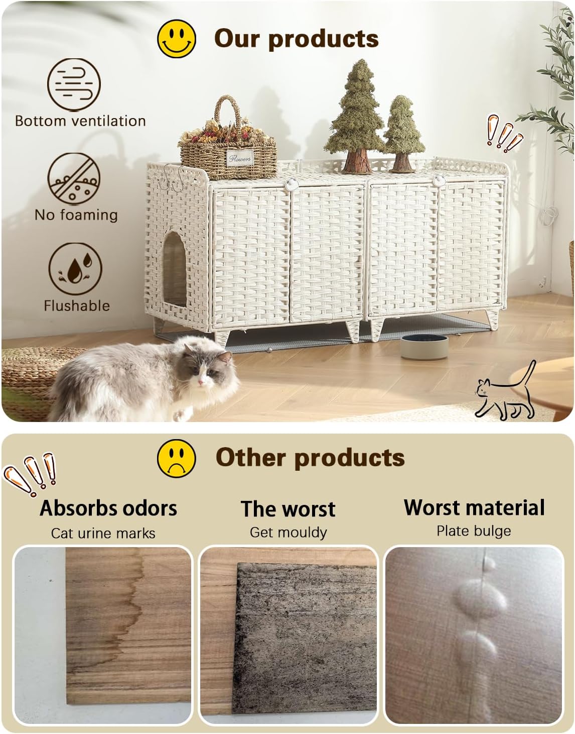 Cat Litter Box Enclosure for 2 Cats, Large Litter Box Furniture with Cat Litter Mat, Hidden Washroom Furniture with Double Room, Handwoven Rattan Cat House with Door, for living room（White）