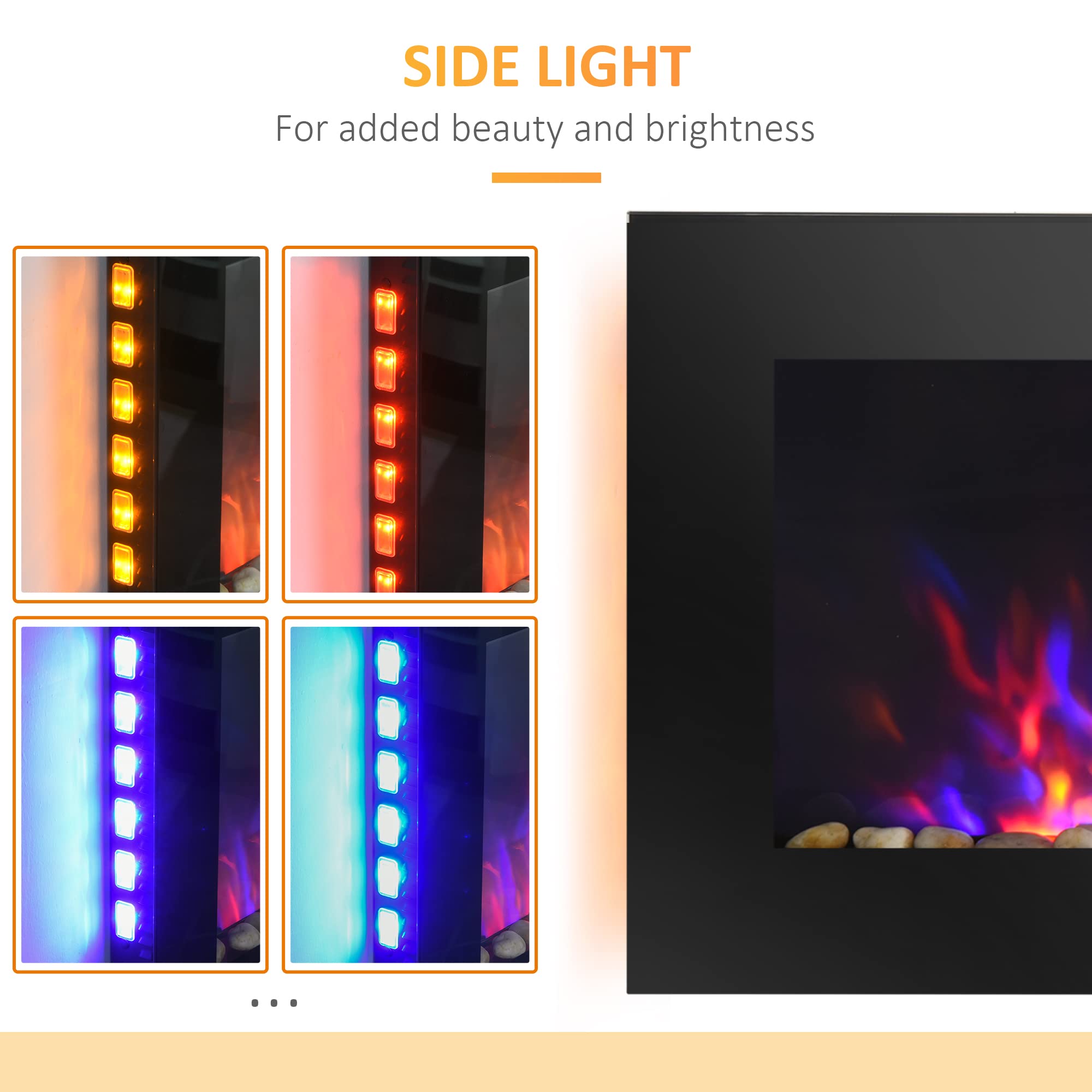 36" 1500W Electric WallMounted Fireplace with Flame Effect, 7