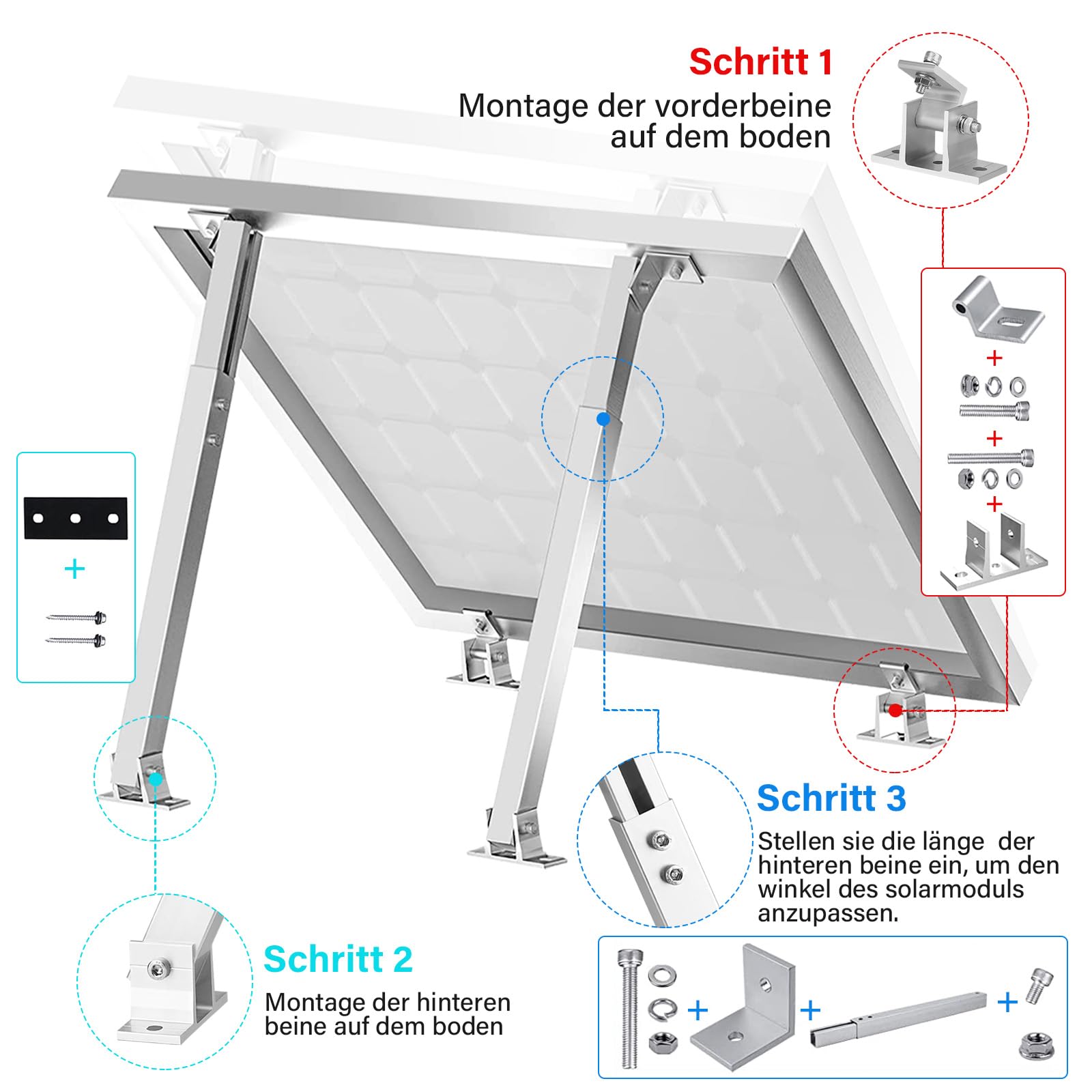 Supporto per Centrali Da Balcone In Alluminio,1 Paia Di Supporti per Pannelli Solari, Supporto per Pannelli Solari Regolabile a 15 – 30 °, Supporto per Tetto Piano, Parete, Barca, Camper