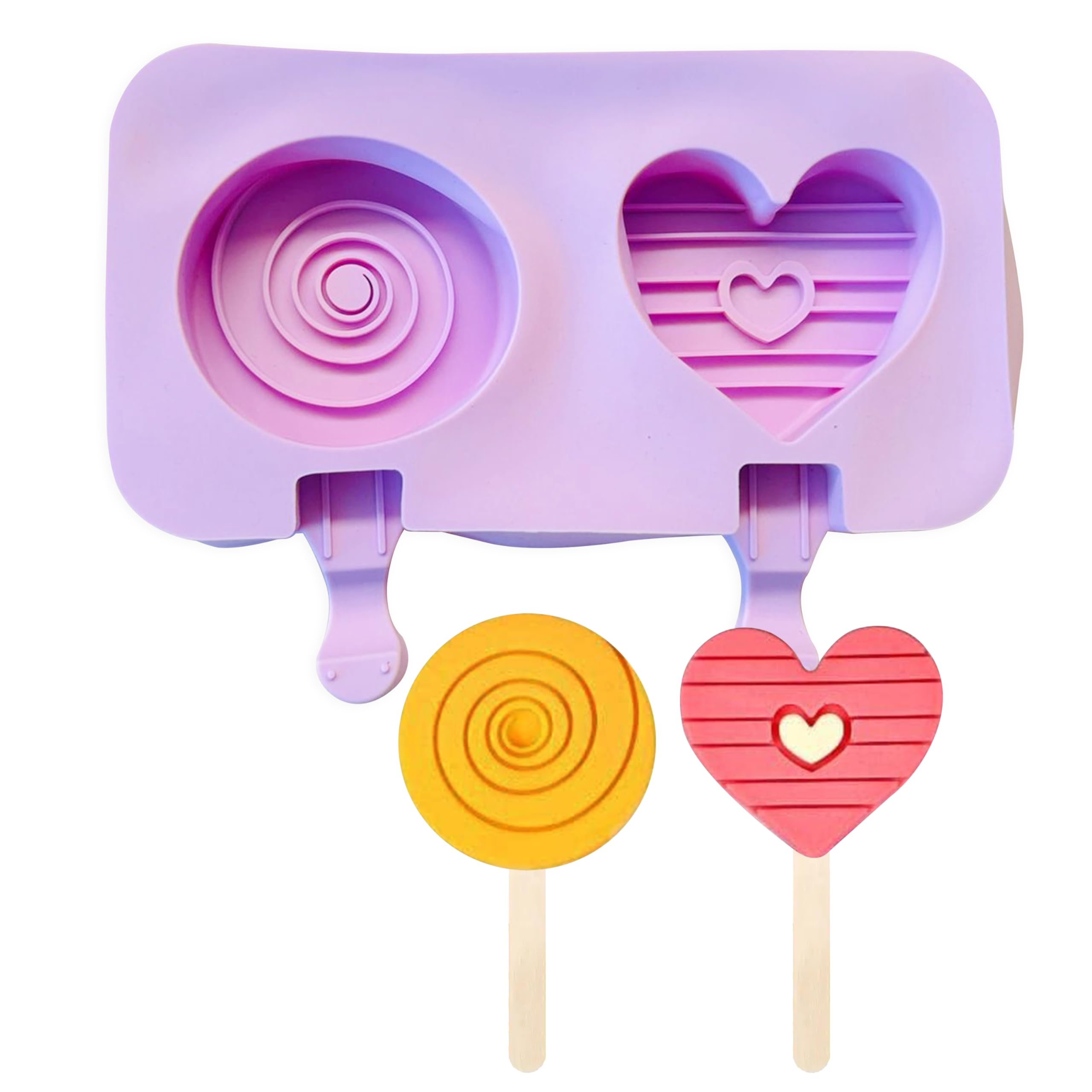 MoldBerry Silicone Cakesicle Mould with Wooden Sticks 2 Cavity Swirl Round & Heart in Heart Shape Popsicle Reusable Ice Pop Makers Ice Cream Kulfi Candy Mold 18.5 X 9 X 2.5 cm Pack of 1(Multi Color)