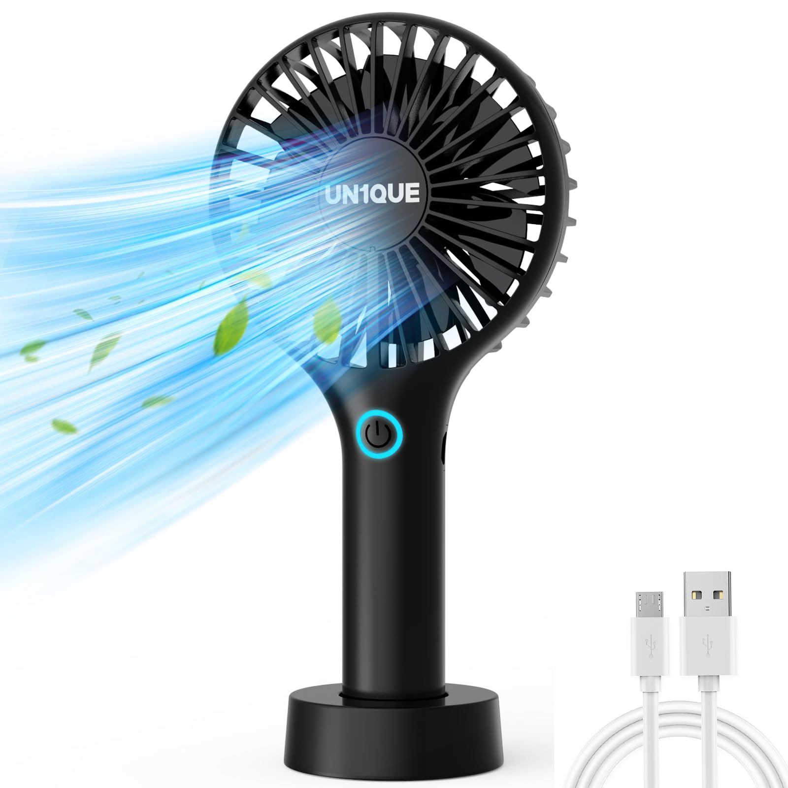 UN1QUE Mini Handheld Fan, Brushless Motor Portable Hand Fan with Lanyard, 3 Speeds Small Fan, USB Fan Rechargeable for Indoor and Outdoor Use by Women and Men, Table Fan Base Included