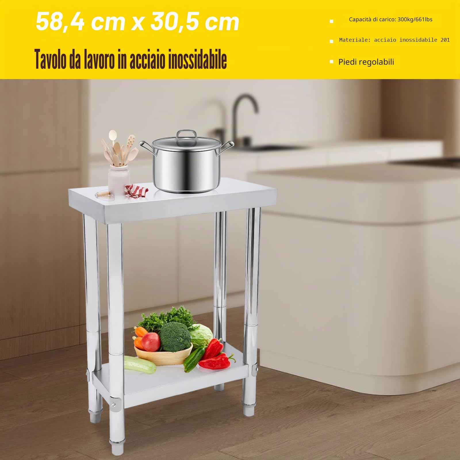Tavolo da Lavoro in Acciaio Inox a 2 Livelli, Piano da Cucina Con Ripiano Regolabile in Altezza per Preparazione Alimenti (60 x 30 x 85)