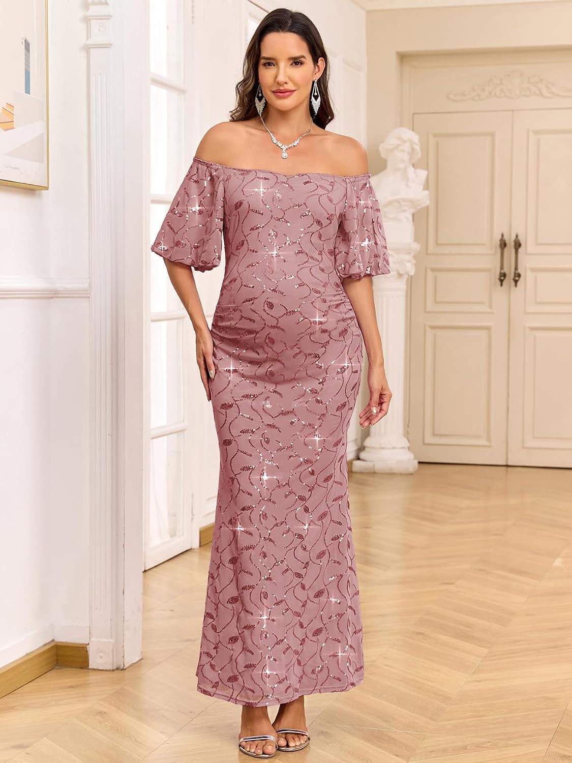 CYCLAMEN Off-Shoulder Sequin Maternity Evening Gown Puff Sleeves Formal Mermaid Maxi Dress for Baby Shower Photoshoot