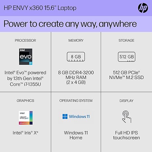 Miniatura 2 de HP Portátil ENVY x360 de 15 pulgadas, pantalla táctil FHD, Intel Evo alimentado por Intel Core i7-1355U de 13 generación, 8 GB de RAM, SSD de 512