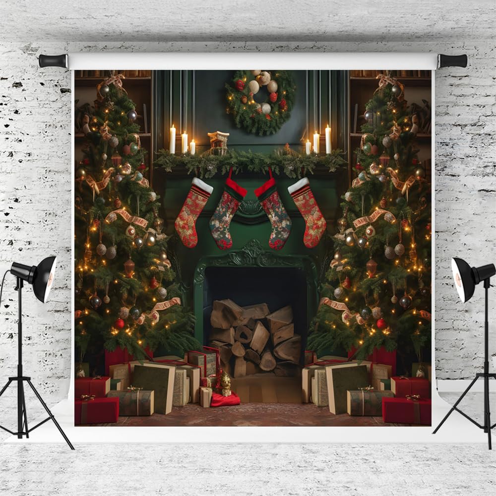 Kate Christmas Backdrop for Photography Green Xmas Fireplace Trees Backdrops Home Party Decoration Background Photo Fabric Studio Props (10x10ft)