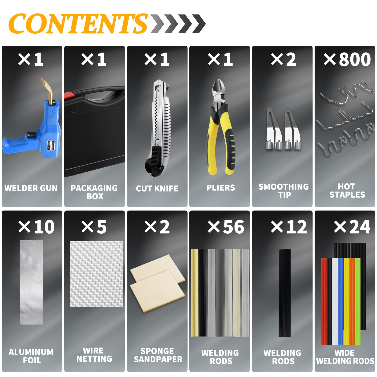 Soldador de plástico de 150 W, kit de soldadura de plástico, reparación de parachoques de coche, 800 grapas calientes y 56 piezas, 7 tipos de varillas de soldadura de plástico para reparación de