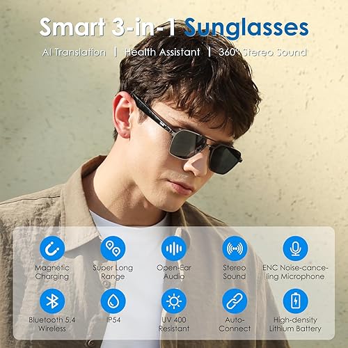 Miniatura 9 de GetD Lentes AI, traducción en tiempo real con IA en 147 idiomas, lentes de sol polarizados inteligentes de nailon, gafas Bluetooth para