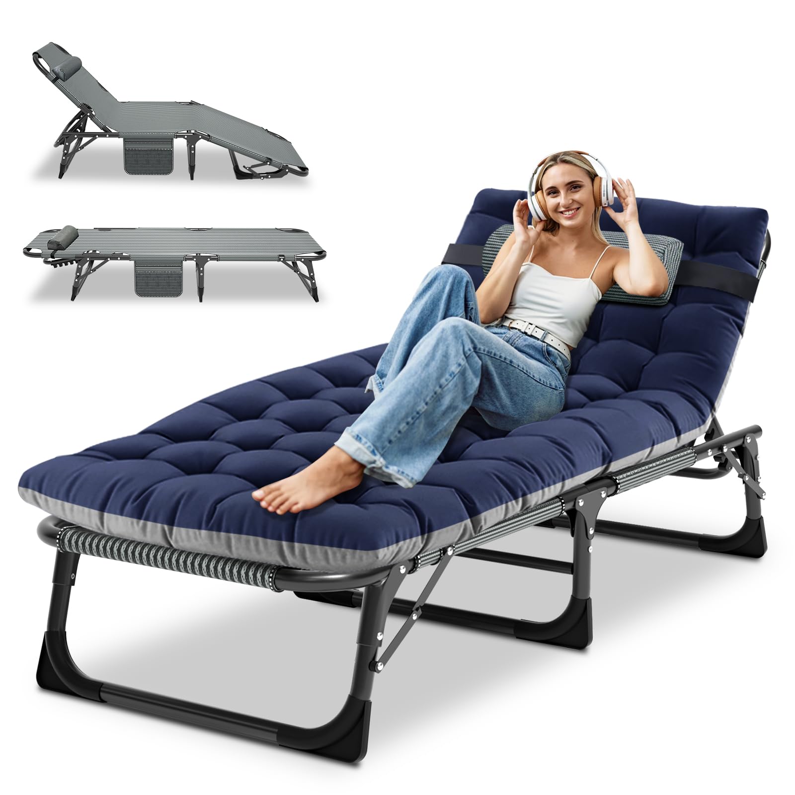 Ryuhic Folding Sun Lounger Recliners for Garden, Heavy Duty Adjustable Garden Bed with Mattress and Headrest, Oversized Portable Outdoor Lounge Chair for Patio Pool and Beach, Blue