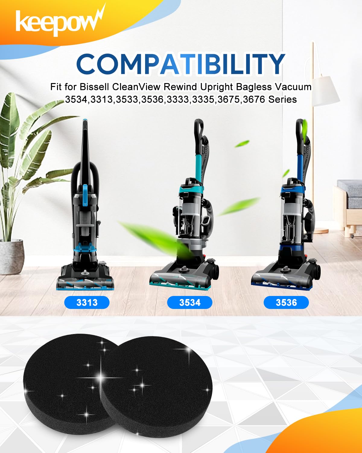 KEEPOW Replacement Filter Compatible with Bissell CleanView Rewind Upright Bagless Vacuum Models 3534,3313,3533,3536,3333,3335,3675,3676 Series,2 Pack