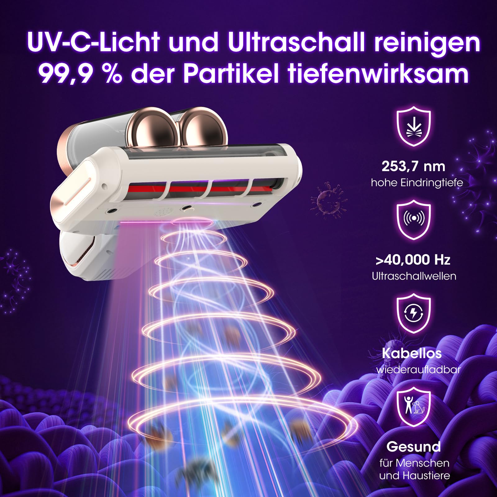 Milbensauger für Matratzen Kabellos 16Kpa Handstaubsauger, Matratzenreiniger mit 253.7nm UV-C Licht&Ultraschall, 99,9% Allergen-Entfernung, Milbenstaubsauger&Sofa Reiniger Gerät, Geschenk für Frauen