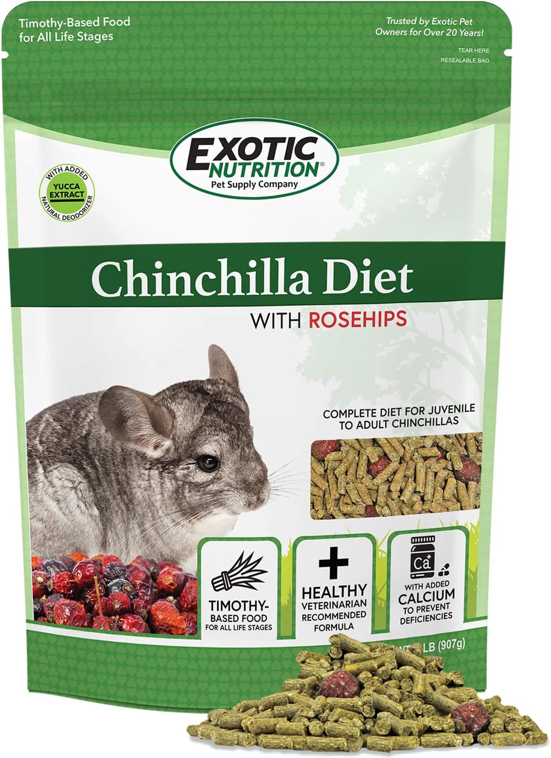 Exotic Nutrition Chinchilla Diet with Rose HIPS 18 lb. - Nutritionally Complete Natural Healthy Pellet Food for Pet Chinchillas