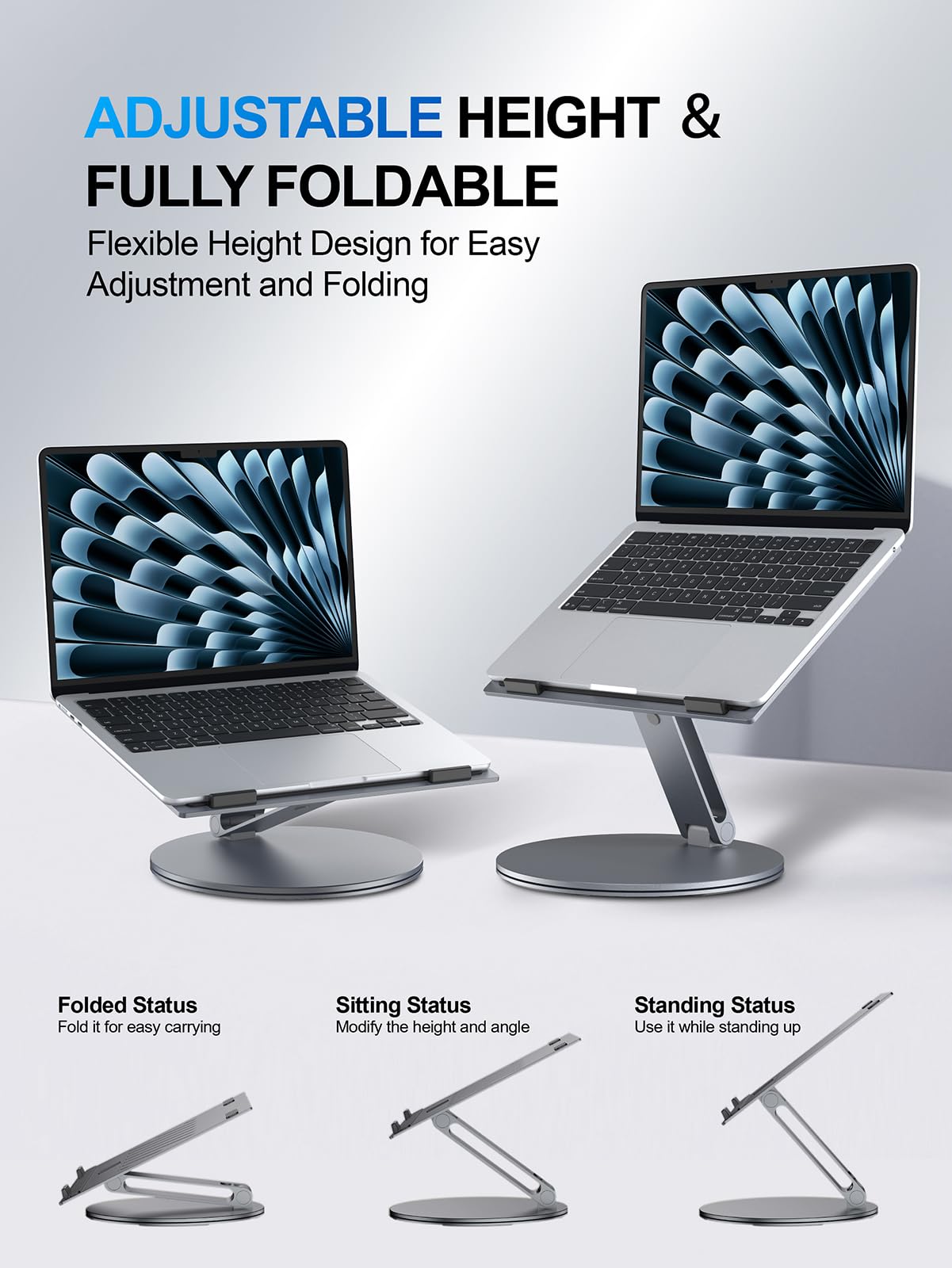 YICOSUN Supporto ergonomico girevole regolabile per computer portatile, supporto pieghevole in alluminio, supporto per notebook portatile, supporto per computer MacBook, Dell, Lenovo, HP, 10-16