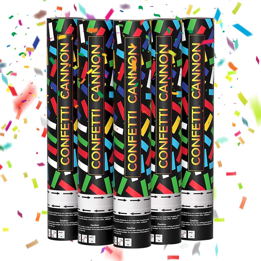 YANGUN Confetti Cannons Biodegradable, Pack of 5 Confetti Cannons, Large Party Poppers Confetti Cannons, Multi Colour Confetti, Cannon Poppers for Celebrations, Christmas, Party, Weddings, Birthdays