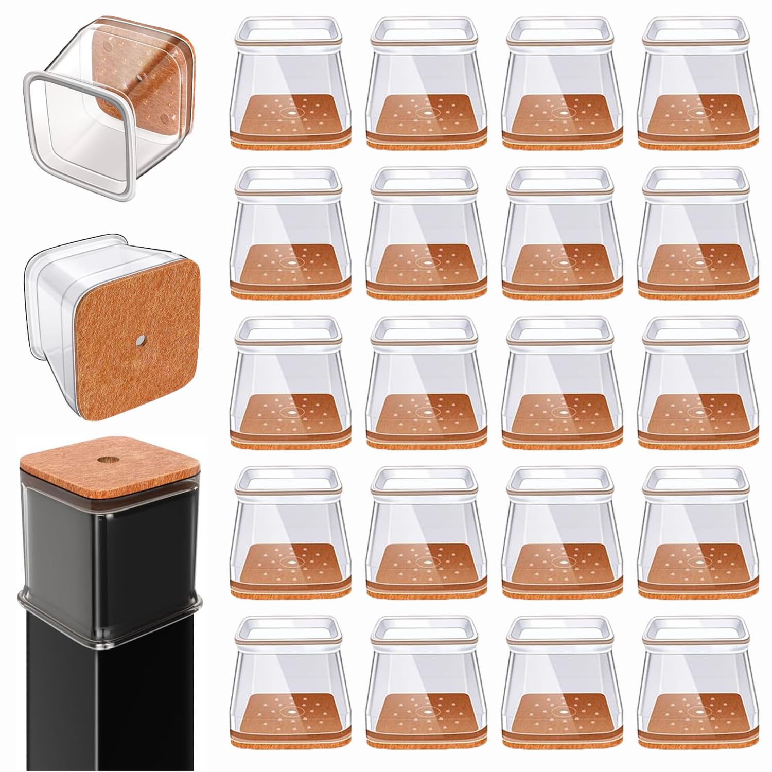 Chair Leg Floor Protectors Square for Hardwood Floors Silicone Covers to Protect Wood Tile Floors Scratches Felt Pads Furniture Leg Caps No Noise Clear - 20 Pcs (Fit:1-1/16" to 1-1/2")