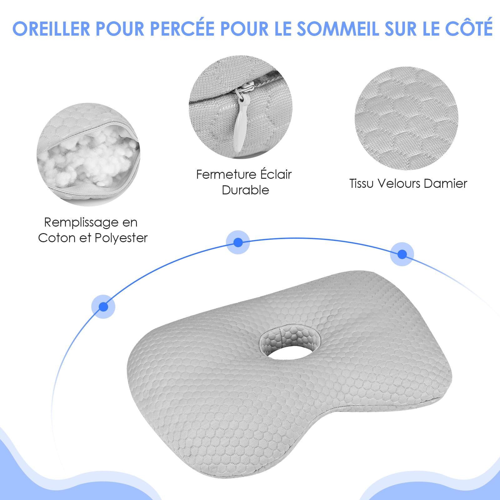 Oreiller Avec Trou Pour Piercing D'oreille - Trou De 8,9 Cm, Hauteur 7 Cm - Enveloppe Lavable, Rembourrage Ajustable - Gris - 3