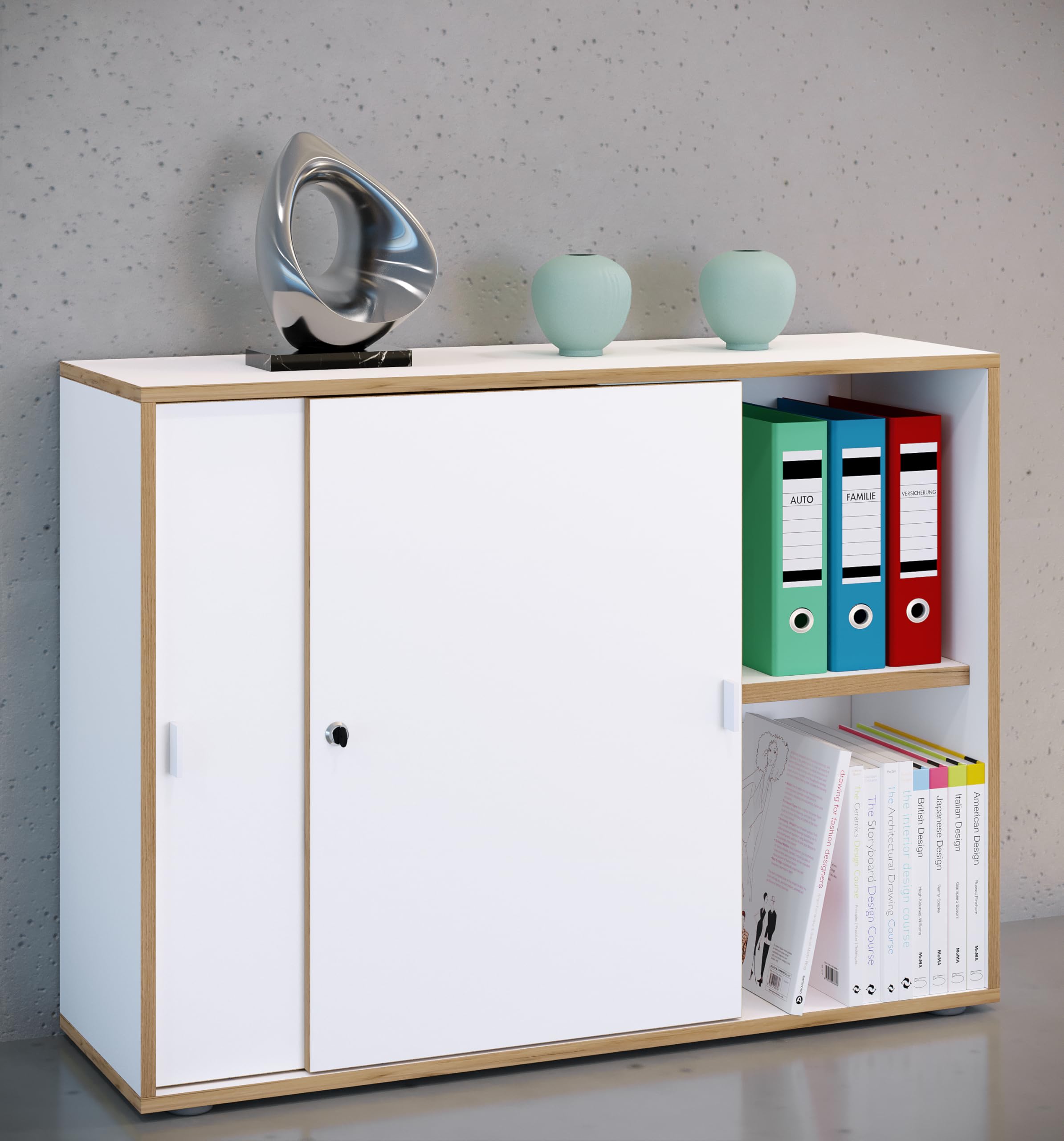VCM Büroschrank mit 2 Fächern | moderner Aktenschrank mit Schiebetüren | Maße ca. H. 74 x B. 100 x T. 37 cm– Salia 2-Fach Weiß