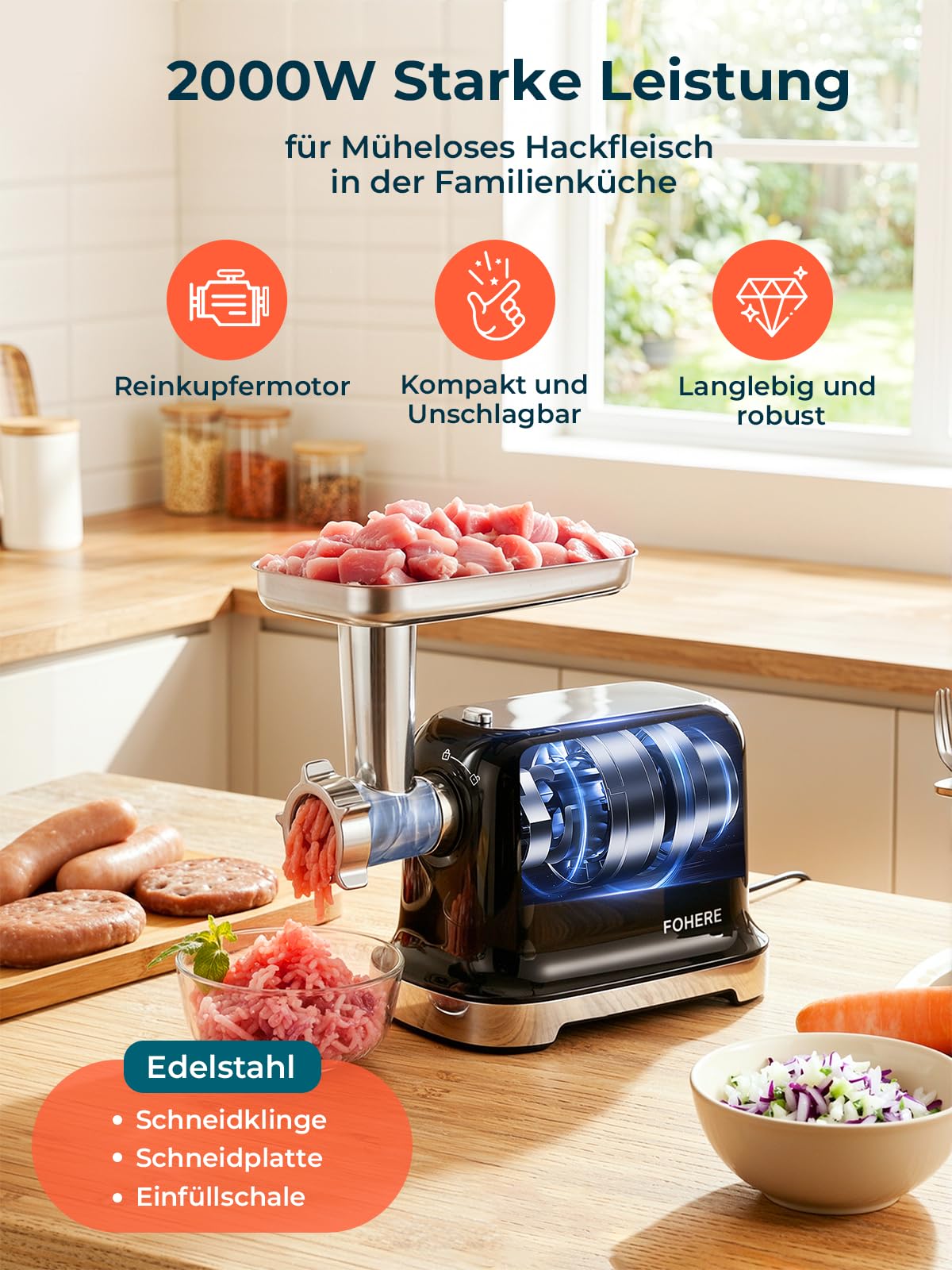 FOHERE Fleischwolf Elektrisch, 2000W Gleichstrommotor Fleischwolf mit 2 Schneidklinge, 3 Schneidplatte (7MM/5MM/3MM), Wurst-Rohr, Kubbe-Formgerät, Hocheffizienter Fleischwolf für den Hausgebrauch