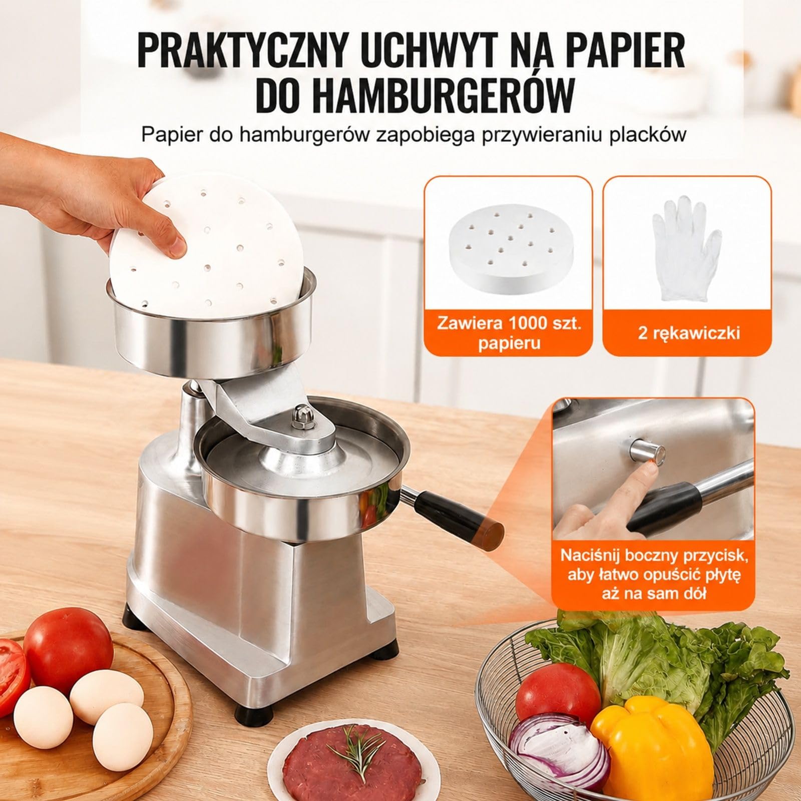 Ręczna prasa do burgerów z misą, metalowa forma do kotletów z 1000 arkuszami papieru do kuchni i cateringu