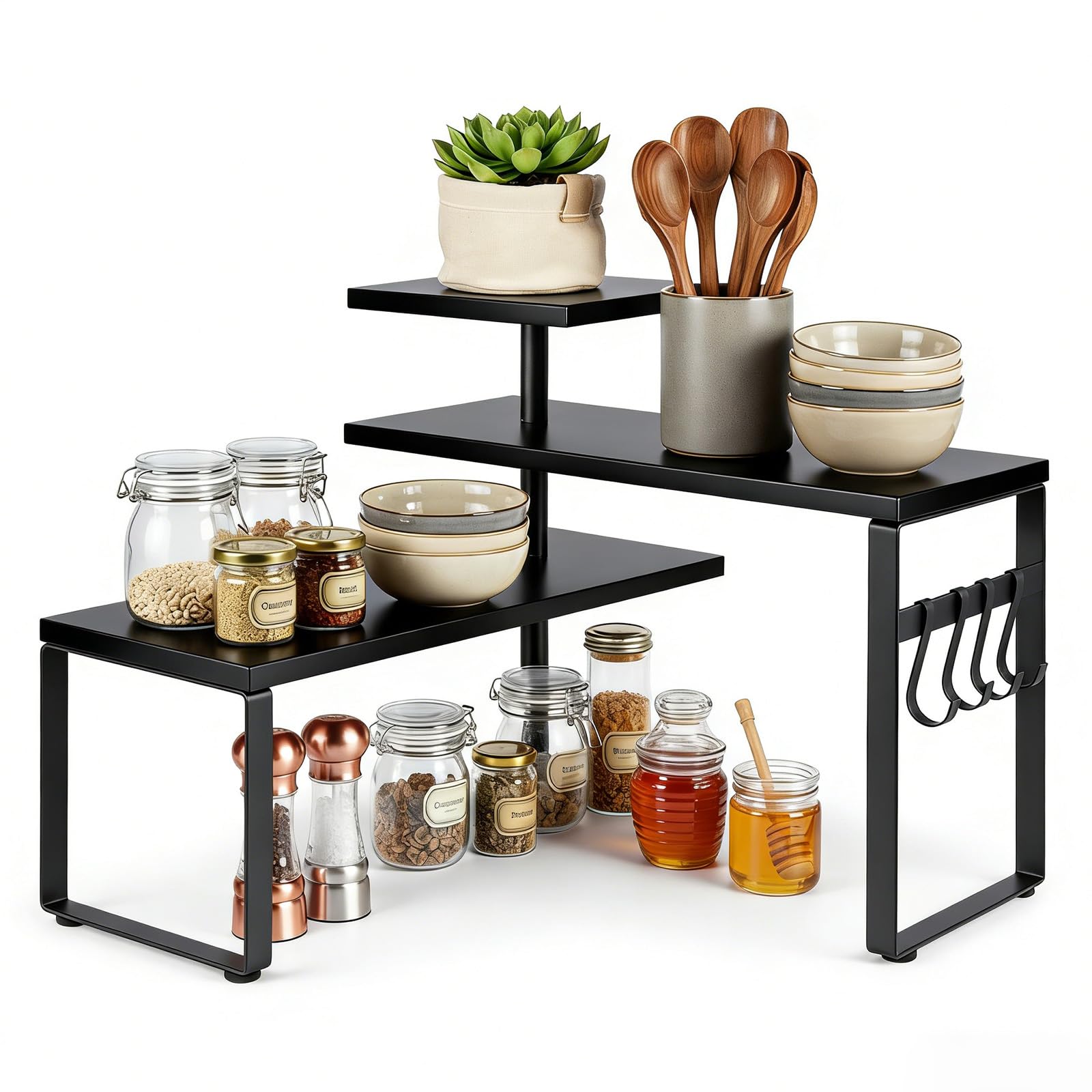 SUNNYNEST 3-Tier Adjustable Countertop Organizer Spice Rack, Corner Shelf with 4 Hooks, Rustic Kitchen Counter Organizer for Coffee Bar, Bathroom, Cabinet, Desk (Black)