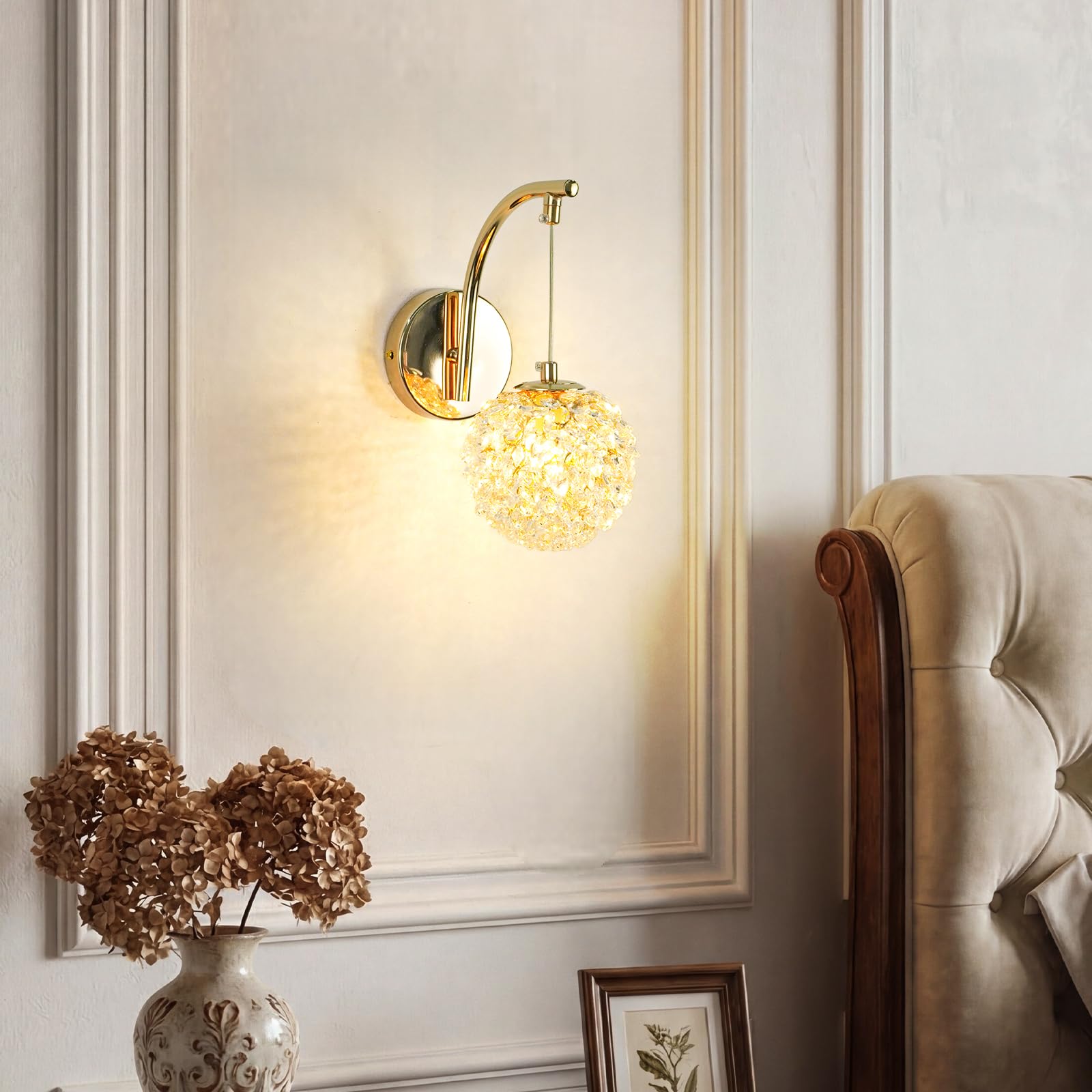 Applique Cristallo Oro Moderna, Applique da Comodino Piccola Romantica con Paralume Cristallo K9 e Corpo Ferro, Lampada da Parete Interno G9 per Soggiorno, Camera da Letto (Lampadina Esclusa)