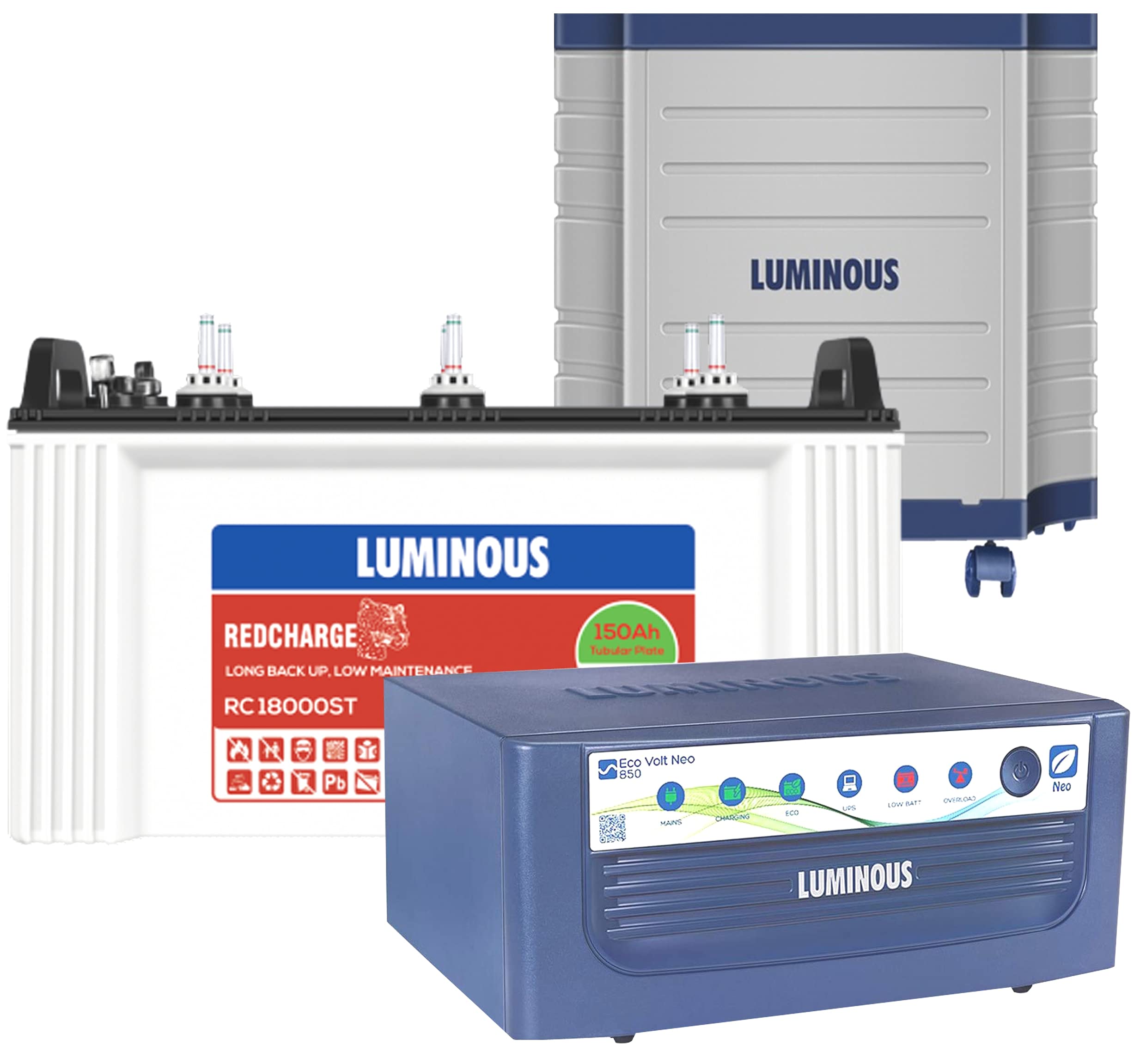 Luminous Eco Volt Neo 850 Pure Sine Wave Inverter with TX100L Trolley with Red Charge RC18000 ST 150 Ah Short Tubular Battery for Home, Office & Shops (Blue & White)-image-16