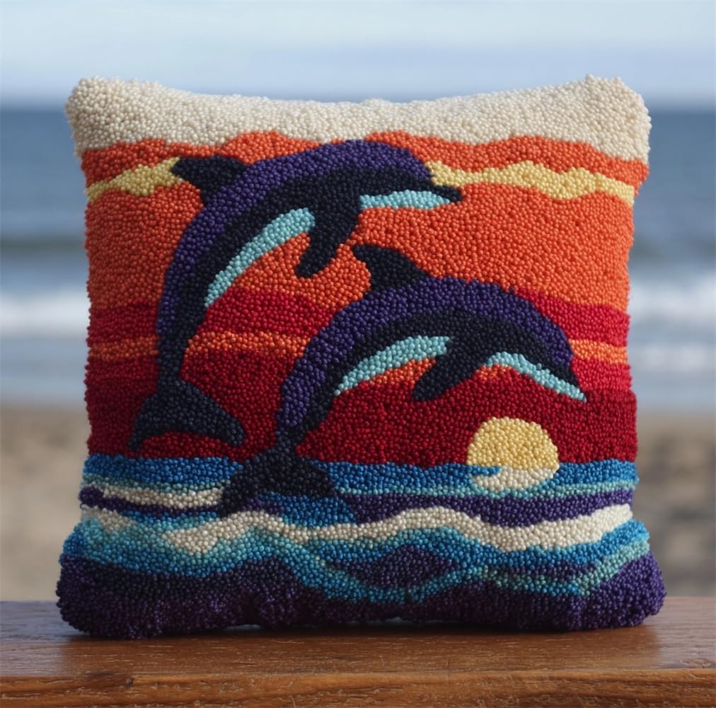 Latch Hook Pillowcase Embroidery Kit,Sunset Dolphin Latch Hook Cushion Cover For Adults And Beginners, 17X17 Inch Embroidery Kits 43X43Cm,Diy Needlework Pillow Cover Cushion Rug Making Kit,