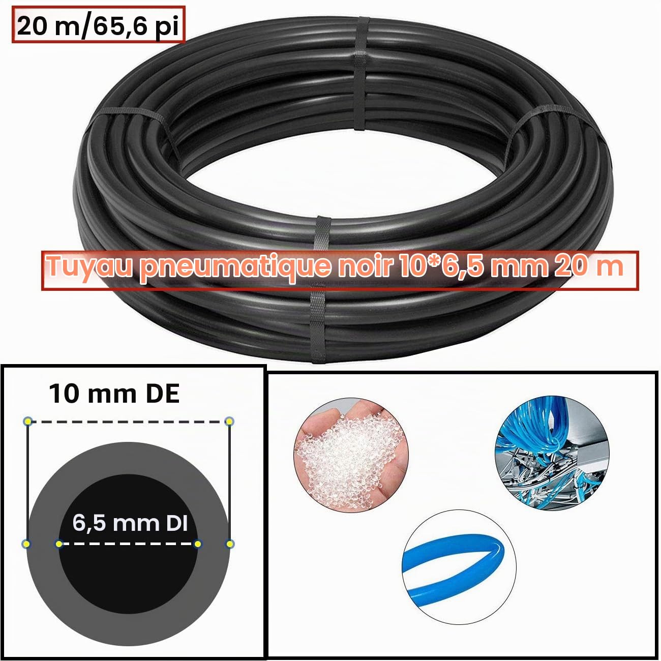 HUAZIZ 20 Meter PolyuréthaneTuyau Noir Pneumatique, PU Tuyau Air, 10 mm OD x 6,5 mm ID, Polyuréthane PU Air Kit + 1 Pcs Coupe-Tuyau