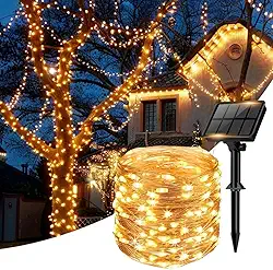 Fio fada LED Solar para Decoração, 100 LEDs, 10 Metros, Iluminação para Natal e Jardim, 8 Modos, Areas Externas (Branco Quente 100 Leds)
