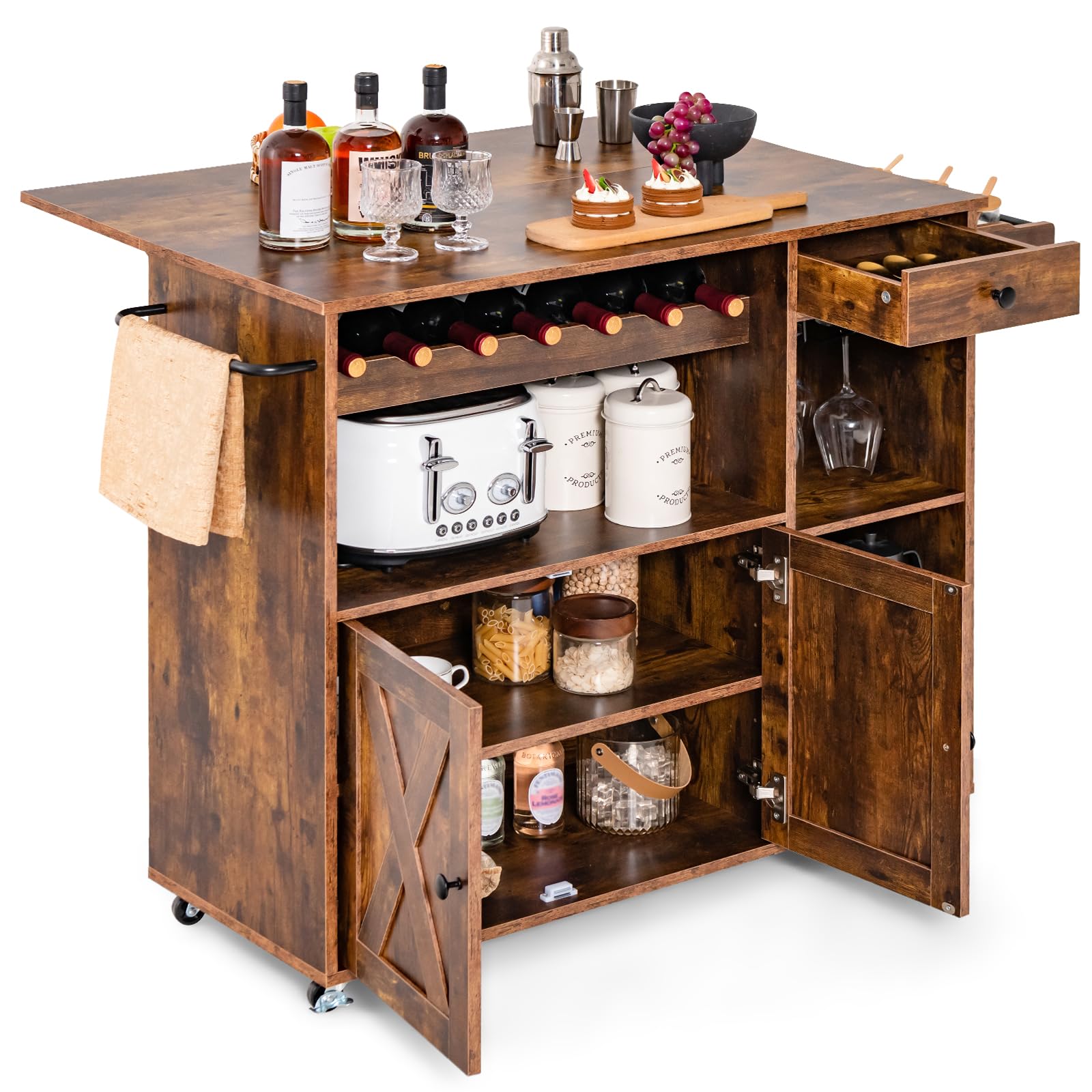 GIANTEX Desserte à roulettes Cuisine Industrielle, Îlot Central Cuisine avec 7 Porte-Bouteilles, 2 Support pour Verres, Tiroir, Étagère Réglable, 2 Barres Latérales, Meuble Cuisine 121X68X88 CM