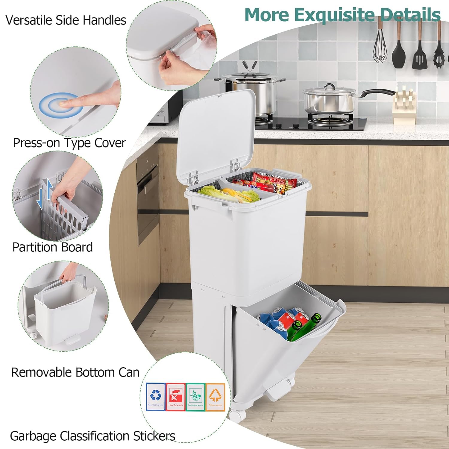 LIFEZEAL Poubelle de Cuisine 40L, Poubelle de Tri Sélectif à 2 Niveaux, Poubelle avec Pédale et Bac Inférieur Inclinable, en Plastique pour Cuisine, Salle à Manger, Salon