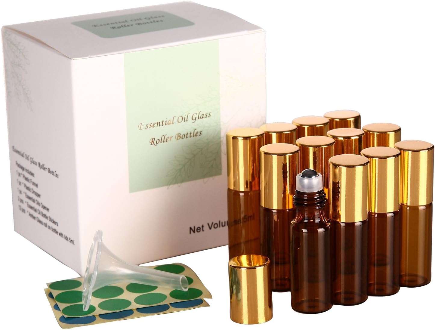 5ml Roll on Glass Bottle-Set of 12 Essential Oil Roller Bottles with Stainless Steel Roller Balls, Golden Plastic Caps and Plastic Droppers for Perfume, Aromatherapy & Essential Oils