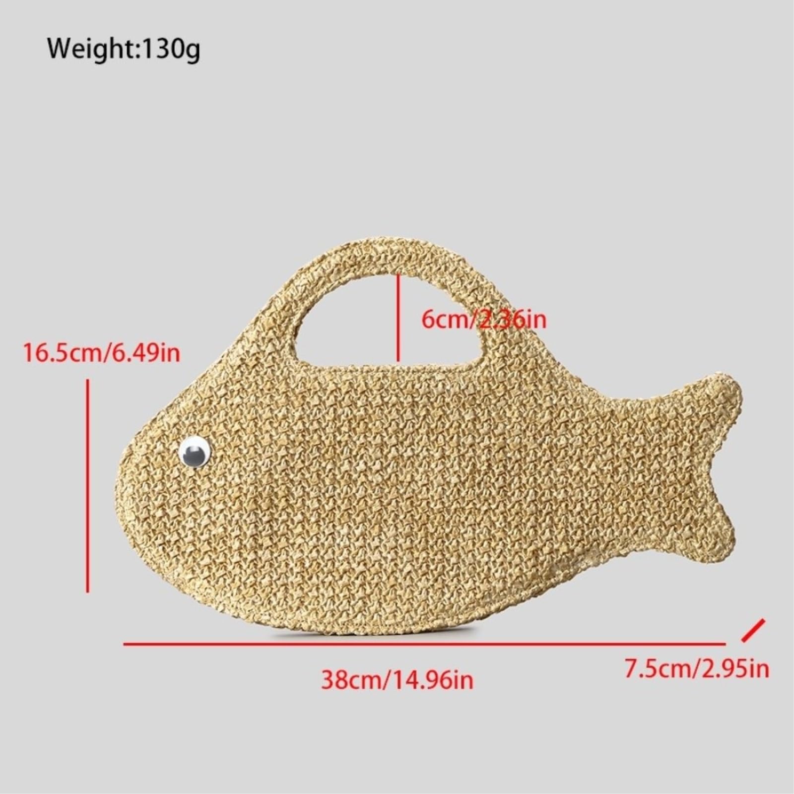 Borsa Spalla Paglia Tessuta di Grande capacità Divertente Carina A Maglia Forma Pesce Leggera Ecologica Quotidiana-Khaki