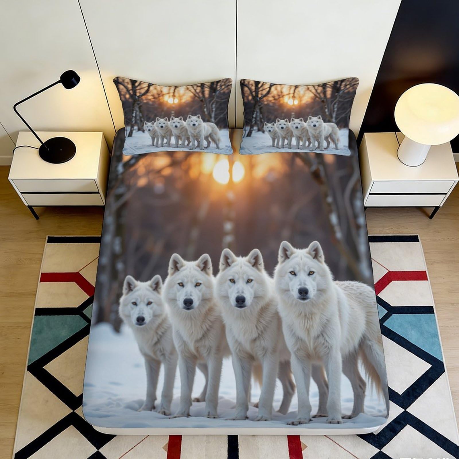 Tjiqhvmrn Style-1 3D Printed Wolf Fitted Sheet Microfiber Deep Pocket Non-Slip Bedding Set Wolf Mattress Fitted Cover Full Wrap Elastic Hem Washable 90X200x25cm