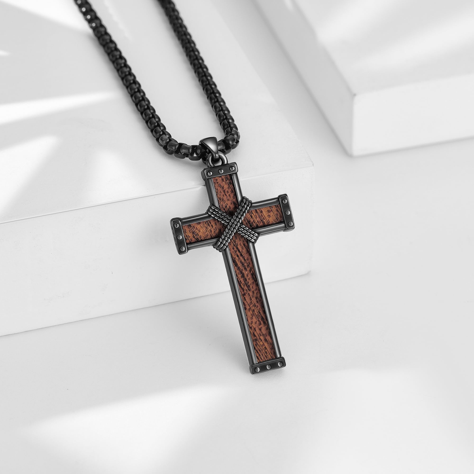 Kreuz Holzkreuz Kette 925 Sterlingsilber Schwarzem Kreuzanhänger Halsketten Religiöser Schmuck für Damen Herren 24 Zoll Rundboxkette