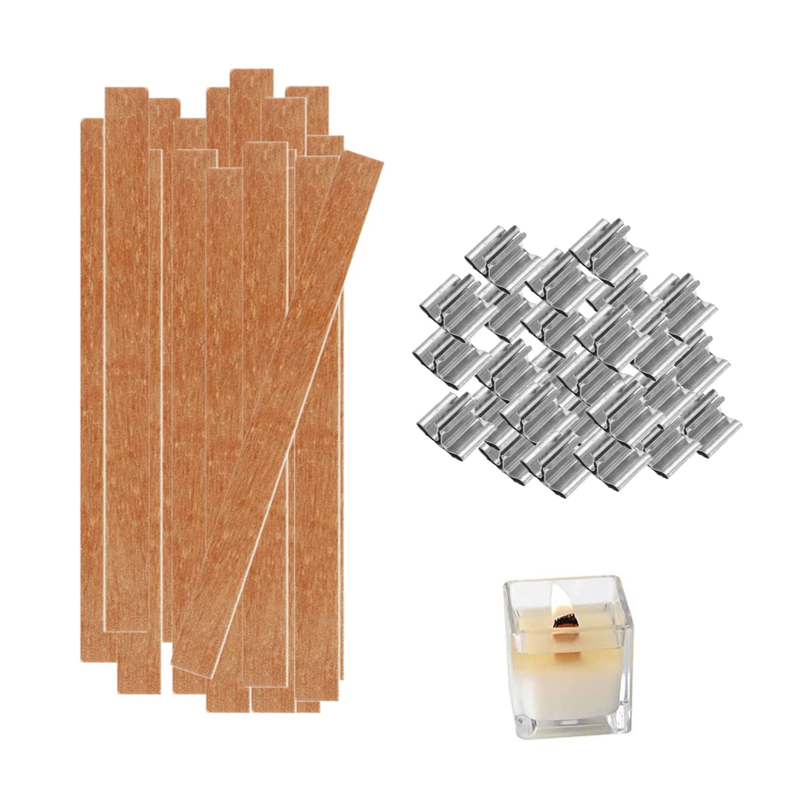 60 Pezzi Stoppini per Candele in Legno, 60 Supporti in Ferro, 13 x 130 mm Stoppini Candela Naturale per Candele Fai Da Te