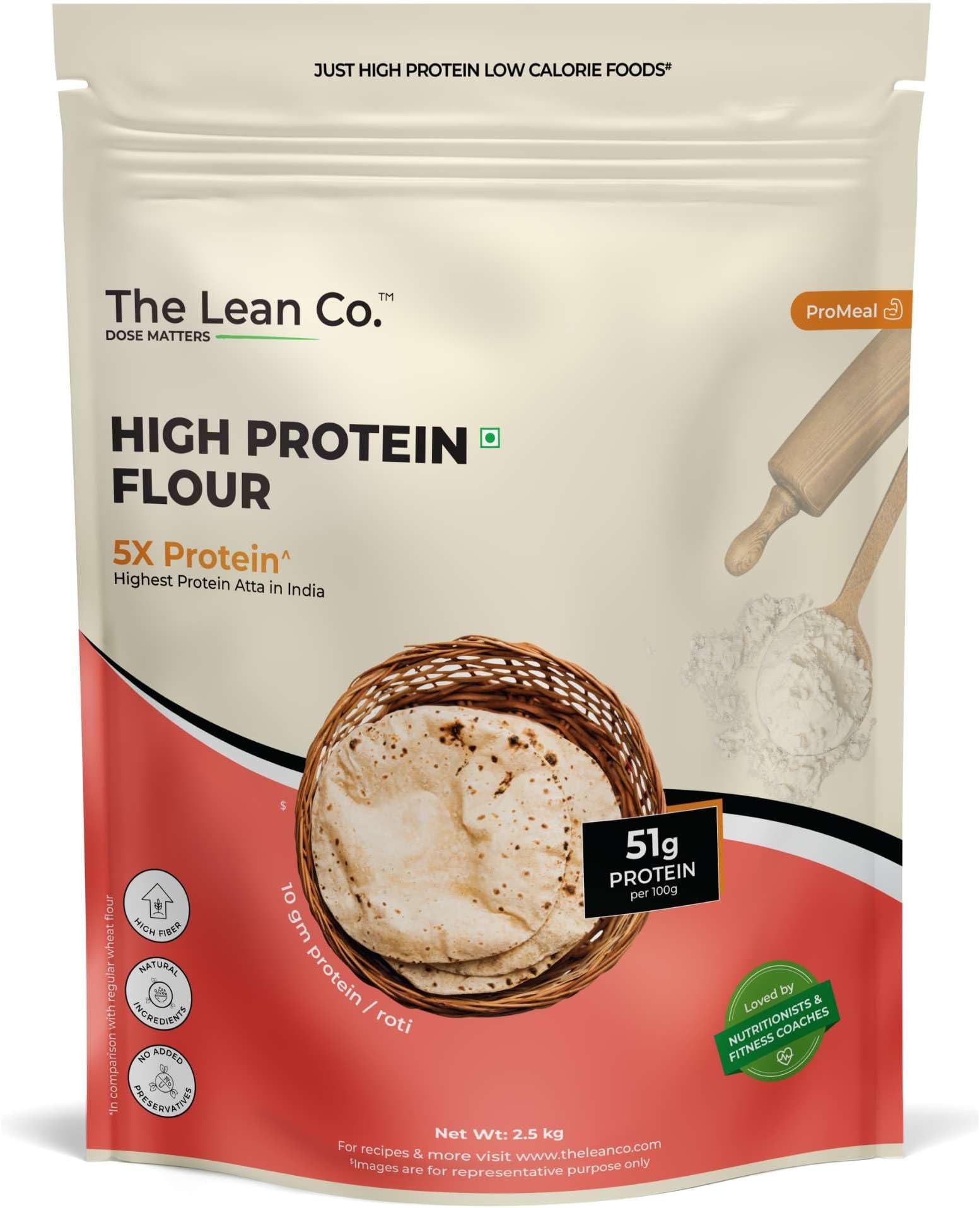 The Lean Co.® High Protein Flour 2.5 kg | 5g Net Carb, 10g Protein (51%), 0g Fat Per Roti | Sugar Control Diabetic Friendly | Lab Tested | No Additives | No Preservatives | Rich in Micro Nutrients