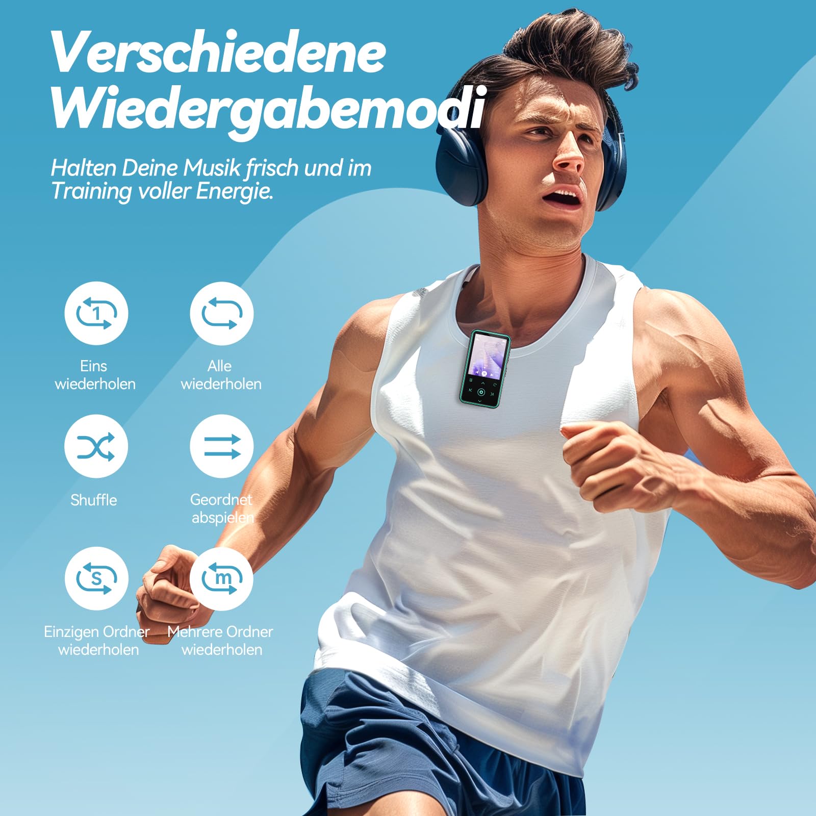 AGPTEK 64GB MP3 Player mit Sport Clip, Bluetooth 5.3 Player mit 1,8 Zoll TFT Farbbildschirm, Mini Musik Player mit Touch-Tasten, FM Radio, Schrittzähler, unterstützt bis 128GB SD Karte, Blau