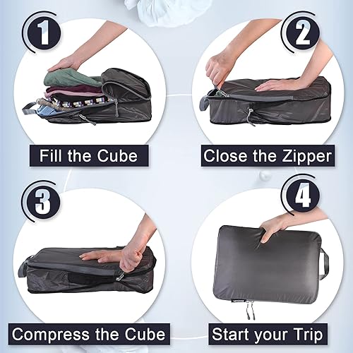 Miniatura 4 de BAGAIL Juego de 5 cubos de embalaje de compresión ultraligeros accesorios de viaje, organizadores de embalaje expandibles, Gris, Patrón de tela